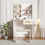 English Elm Vanity Desk Set Stool & Dressing Table With Led Lighting Mirror Drawer and Compartments Modern Wood Cosmetic Table Chest Of Drawers White Color