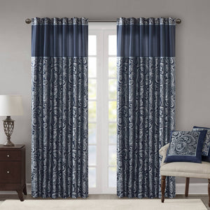 JLA Home Madison Park - Jacquard Aubrey Curtain Panels with Paisley Motif, Faux Silk Piecing, Gold Piping, OEKO‑TEX Certified Elegance Navy MP40-4898