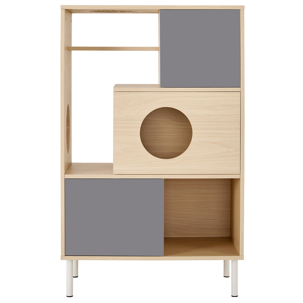 English Elm 2 Modern Cat Tree & Side Cabinet with Litter Box Enclosure, Stylish Wood Bookcase with Hidden Storage, Natural/Grey Elegance N843P254701N