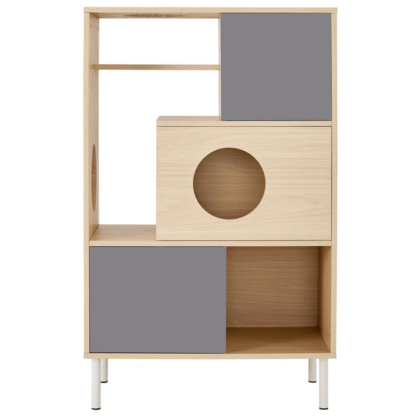 English Elm 2 Modern Cat Tree & Side Cabinet with Litter Box Enclosure, Stylish Wood Bookcase with Hidden Storage, Natural/Grey Elegance N843P254701N
