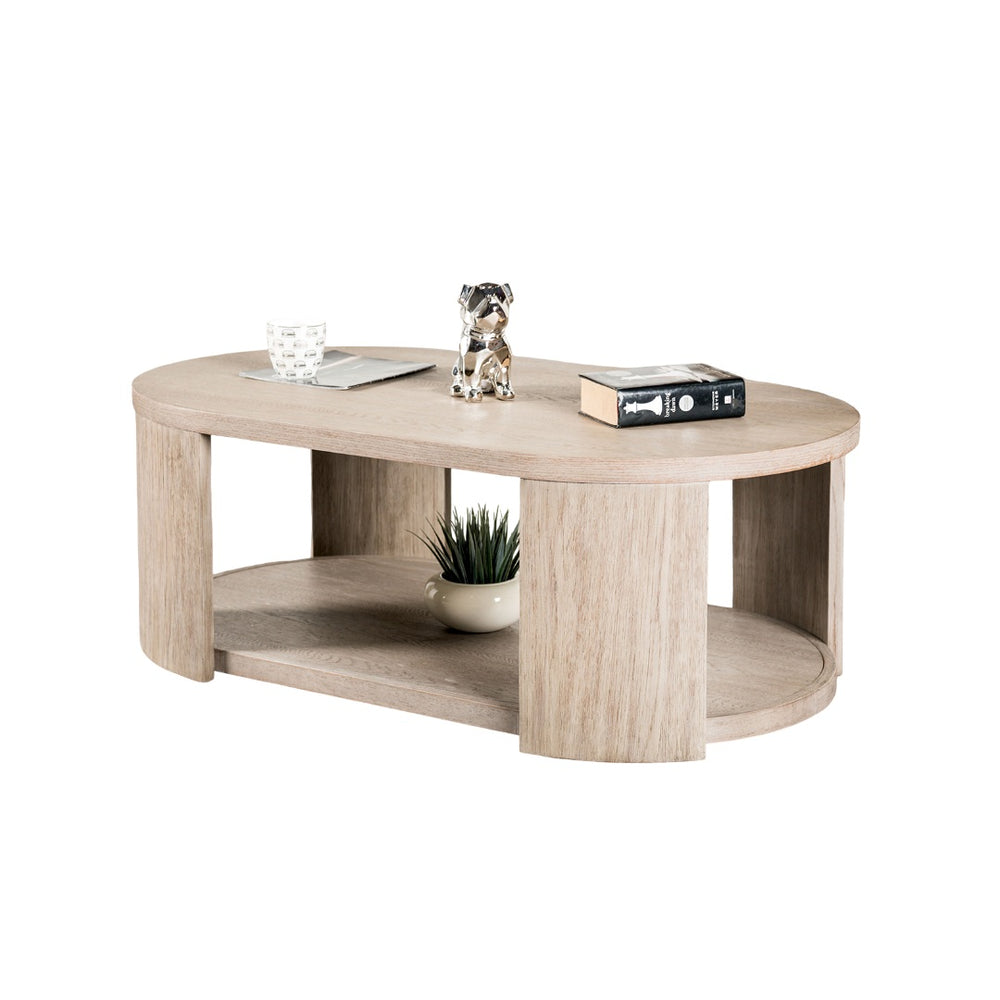 English Elm Modern Oval Coffee Table with Oak Finish, Lower Open Shelf & Optional Casters — 50"W x 28"D x 18"H, Sleek Storage Centerpiece B2741P360628