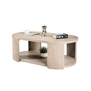 English Elm Modern Oval Coffee Table with Oak Finish, Lower Open Shelf & Optional Casters — 50"W x 28"D x 18"H, Sleek Storage Centerpiece B2741P360628