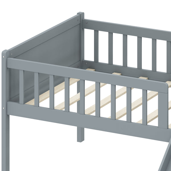 English Elm Twin Platform Kids Bed with Slide Ladder Guardrails Storage Shelf Wood Frame Gray N733S415411E