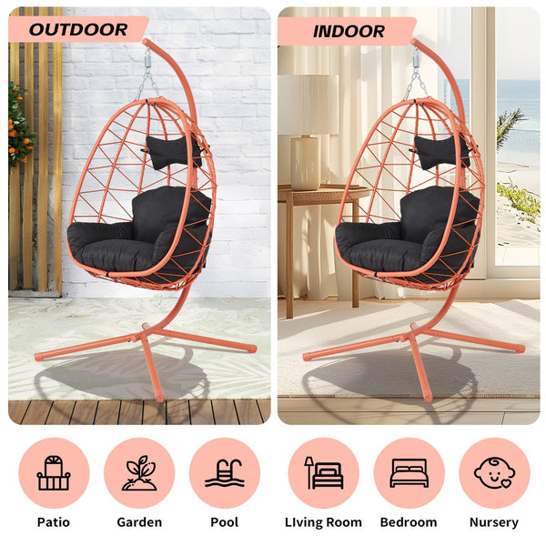 English Elm Hanging Egg Chair Wicker Swing with Stand Ergonomic Cradle for Patio or Bedroom T5880P497580