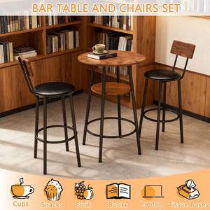 English Elm 3 Piece Bar Height Dining Set with Two Tier Storage and Pu Upholstered Stools Rustic W3204P428254