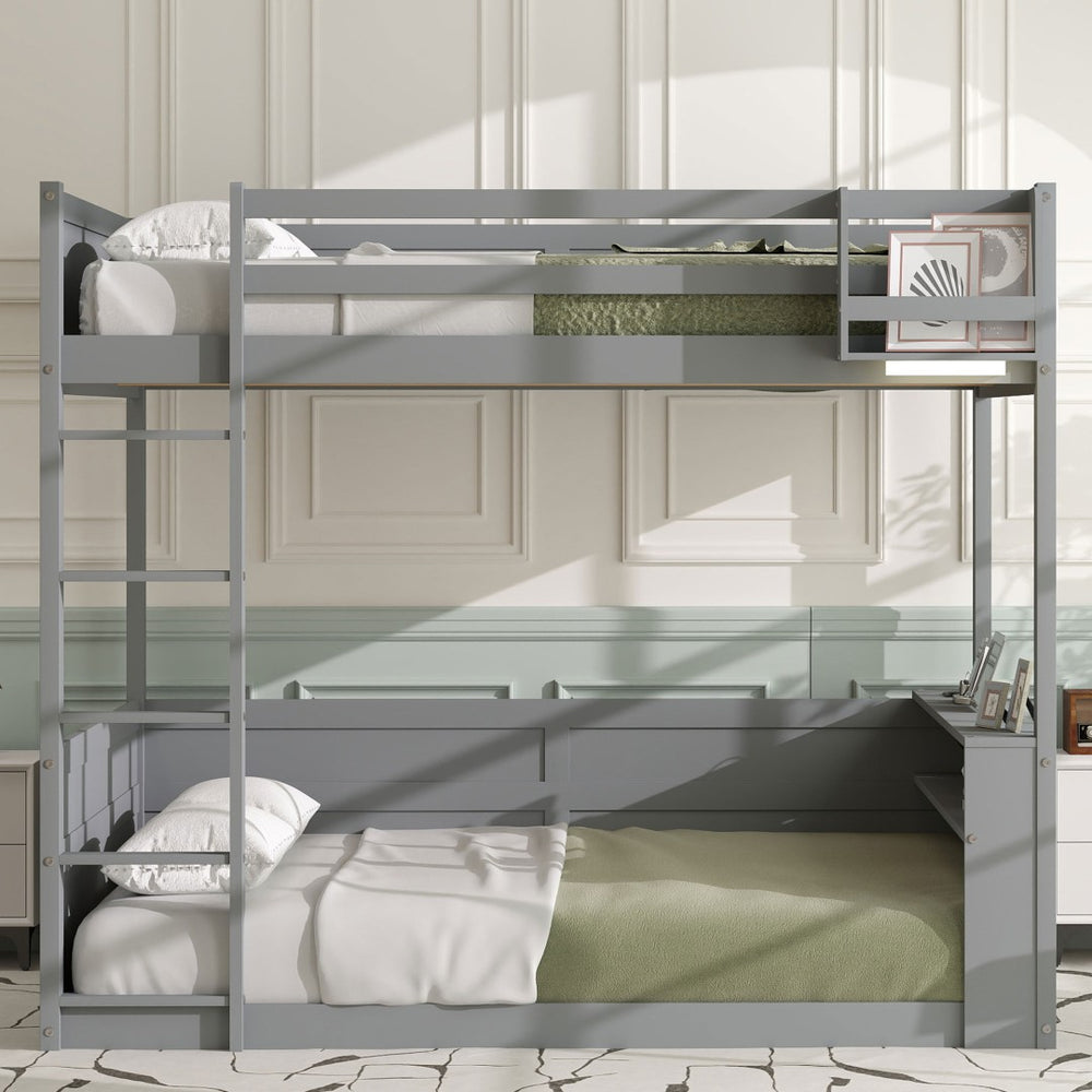 English Elm Queen Size Wooden Bunk Bed With Smart Storage, Led Light, Usb Charging & Modern Grey Finish N7090005006E-GIGA