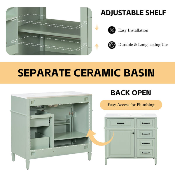 English Elm 36-Inch Modern Bathroom Vanity With Ceramic Sink, Adjustable Shelves, Flip Drawers & Metal Handles N725P350849F