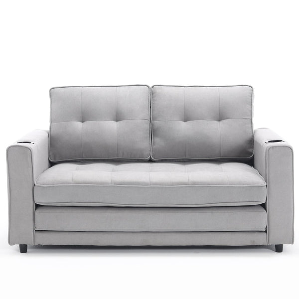 English Elm {VIDEO 3-in-1 Upholstered Futon Sofa Bed Convertible Loveseat with Tufted Back, Cup Holders & Side Pockets Light Gray W2325P183182