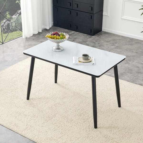 English Elm Modern Marble Effect Glass Top Dining Table Seats Six Tapered Steel Legs Sleek W1151S04618
