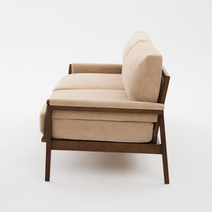 English Elm Mid-century Modern Boucle Upholstered Three Seat Sofa with Walnut Finish Wood Legs Camel N773P411407N