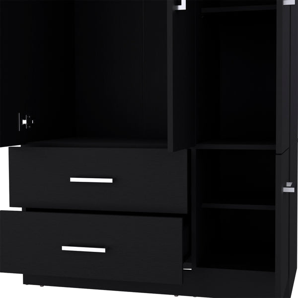 English Elm Four Door Armoire Crosby Black - Spacious Engineered Wood Wardrobe with Rod, Shelves & Drawers, Durable Design B092S00264