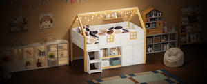 English Elm Twin-size Pine Low Loft Bed with House Canopy Step Stairs Storage Cabinet Led Lights N7090005032K