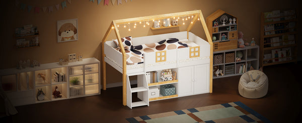 English Elm Twin-size Pine Low Loft Bed with House Canopy Step Stairs Storage Cabinet Led Lights N7090005032K