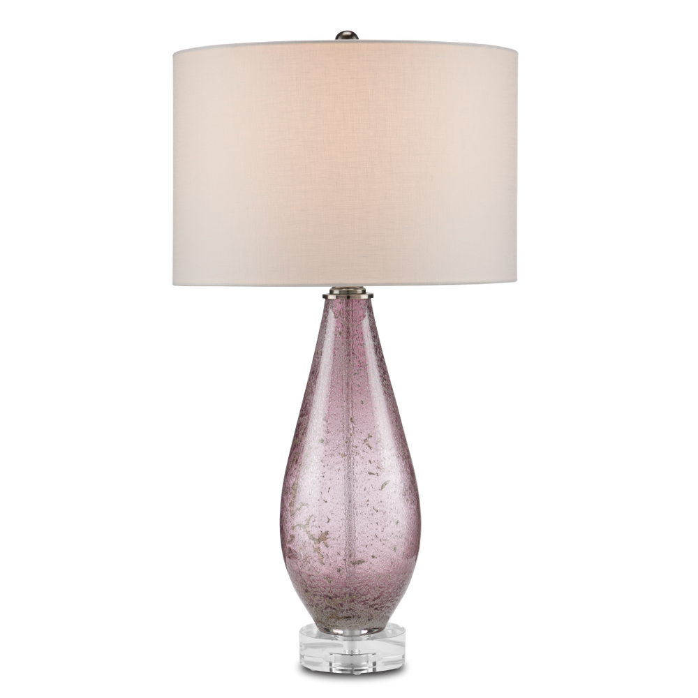 Optimist Handcrafted Purple Glass Table Lamp with Off-White Shade & Antique Nickel Base, 30" Tall