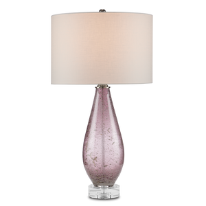 Optimist Handcrafted Purple Glass Table Lamp with Off-White Shade & Antique Nickel Base, 30" Tall