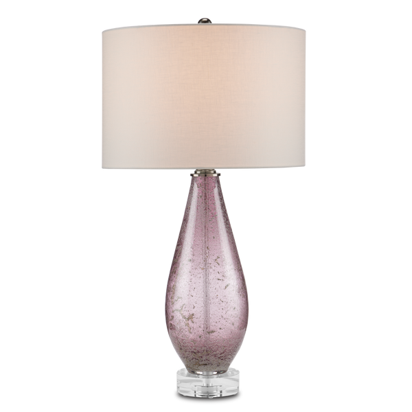 Optimist Handcrafted Purple Glass Table Lamp with Off-White Shade & Antique Nickel Base, 30" Tall