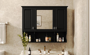 English Elm 35'' Modern Wall-Mounted Medicine Cabinet with Mirror, Hidden Storage and Open Shelves for Bath Black N710P209443B