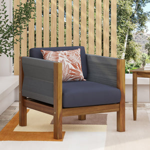 English Elm Christopher Knight Home® - LAUREL Club Chair Teak Acacia Wood with Handwoven Rattan Rope, Water-Resistant Cushions, Modern Outdoor Flair 65439.00GRY