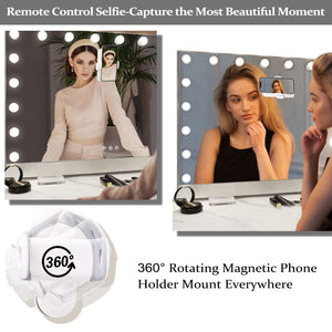 English Elm 31.5"x22.8" Selfie Remote Vanity Mirror with 18 LEDs, 10X Magnifier, Magnet Phone Mount, Slim Design W3660P373024