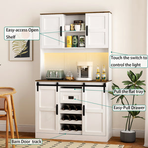 English Elm Farmhouse Sliding Barn Door Bar Cabinet with USB Outlets, Large Rustic White Buffet Sideboard W1321S00012