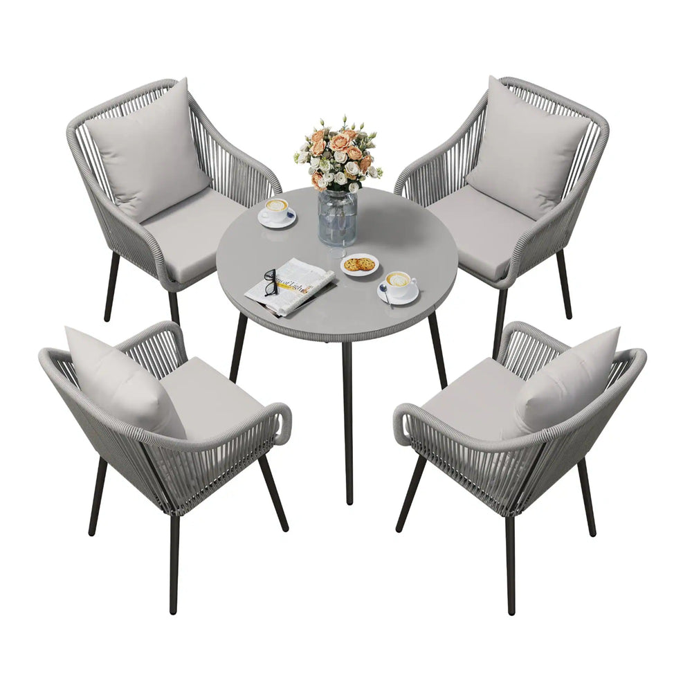 English Elm 5-piece Outdoor Wicker Patio Dining Set with Tempered Glass Table and Umbrella Hole Light Gray B082S00065
