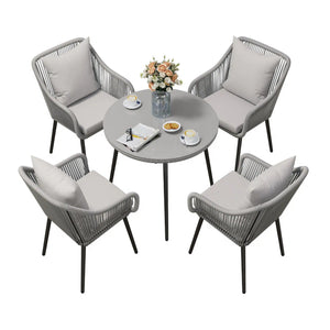 English Elm 5-piece Outdoor Wicker Patio Dining Set with Tempered Glass Table and Umbrella Hole Light Gray B082S00065