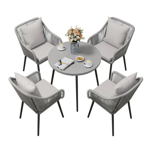 English Elm 5-piece Outdoor Wicker Patio Dining Set with Tempered Glass Table and Umbrella Hole Light Gray B082S00065