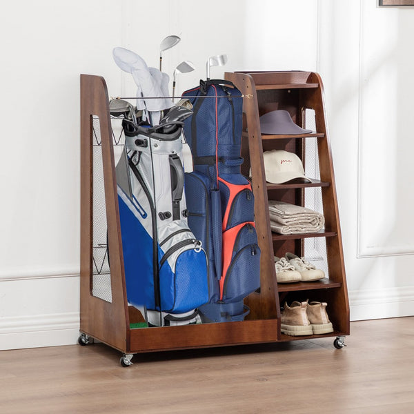 English Elm Golf Bag Storage Rack Wooden 2 Bag Organizer with Shoe Shelf for Garage Basement Brown W1422P296352