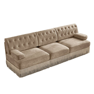 English Elm 3-seater Velvet Sofa with Button Tufting Tassel Fringe Skirt Modular Living Room Design Camel W714S01696