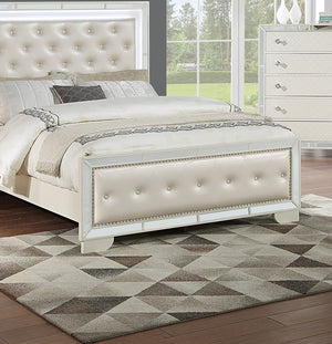 English Elm Cream Faux Leather Tufted Eastern King Bed with Led Headboard and Mirror Glam Trim B011S02084