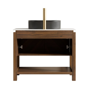 English Elm Dina Floating Bathroom Vanity Sintered Stone Top Glass Basin Striped Plywood Cabinet W2615S00722