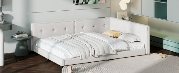 English Elm Upholstered Full Platform Bed with USB Ports and LED Accent, Linen Upholstery, Sturdy 600lb Capacity Beige GX000556AAA