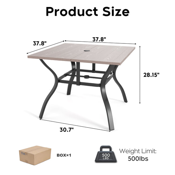 English Elm "vintage Wood Grain Square Iron Patio Dining Table with Umbrella Hole for Outdoor Decks Natural W3979P394119