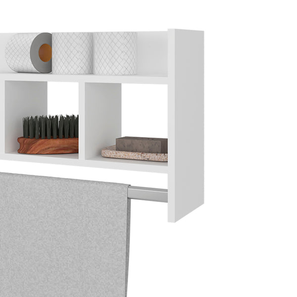 English Elm White Bath Shelf with Towel Bar and Open Storage Shelves for Towels Toiletries and Decor, Durable Melamine Finish B062P380958