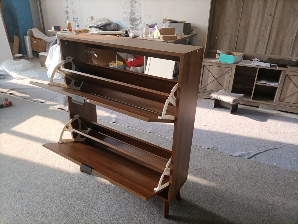 English Elm Medieval 31.5" Walnut Shoe Cabinet with 2 Flip Drawers, Farmhouse MDF Design, Solid Wood Legs, Anti-Tip Safety W1706P311094