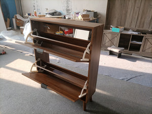 English Elm Medieval 31.5" Walnut Shoe Cabinet with 2 Flip Drawers, Farmhouse MDF Design, Solid Wood Legs, Anti-Tip Safety W1706P311094