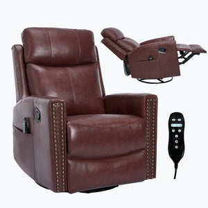 English Elm Wine Red Genuine Leather Swivel Rocker Recliner with Massage Heat for Living Room W1803P323712