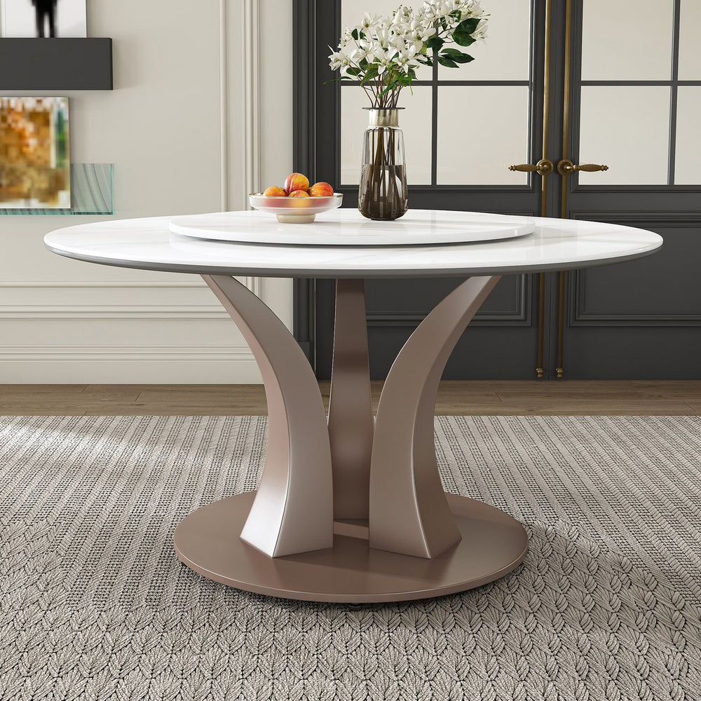 English Elm 59" Round Dining Table With Lazy Susan & Heat-Resistant Stone Top - Perfect For Home & Events! W2699S00077
