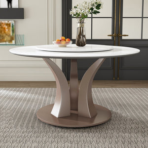 English Elm 59" Round Dining Table With Lazy Susan & Heat-Resistant Stone Top - Perfect For Home & Events! W2699S00077