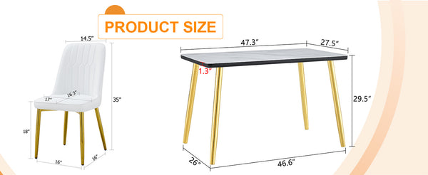 English Elm Table and Chair Set Marble Glass Top Gold Legs Pu Leather Seats Modern Dining Black,White+Gold W1151S04651
