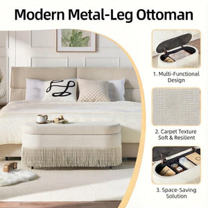 English Elm Oval Fringe Trim Upholstered Lift Top Storage Ottoman Stylish Footrest for Any Room Beige W5501P462403