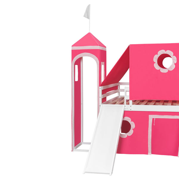 English Elm Full Size Kids Castle Loft Bed with Slide Tent Tower Pinewood Play Zone LT000772AAH-2