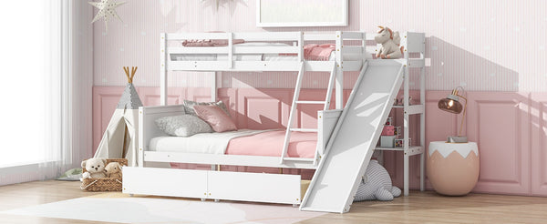 English Elm Twin Over Full Bunk Bed With Slide, Drawers & Shelves - Space-Saving Rubberwood Design For Kids' Fun W504S00205-GIGA