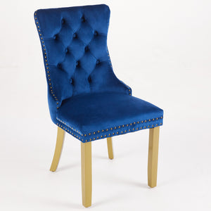English Elm Mid-Century Velvet Dining Chair with Lion Head Pull Ring, Tufted Solid Wood Seat, Gold Legs Blue W1143P193169