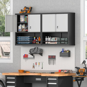 English Elm Metal Wall Mounted Steel Cabinet Lockable Doors Adjustable Shelves Kitchen Office Storage Black+Grey T3625P366860