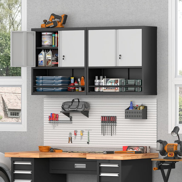 English Elm Metal Wall Mounted Steel Cabinet Lockable Doors Adjustable Shelves Kitchen Office Storage Black+Grey T3625P366860