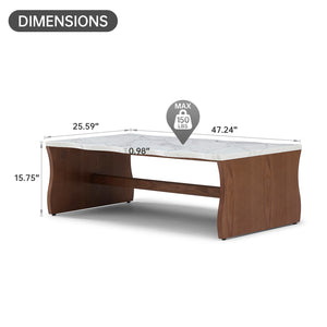 English Elm 47.24" Whisper Of Waves Modern Coffee Table – Elegant White Faux Marble & Walnut Base For Any Space W2664P346445
