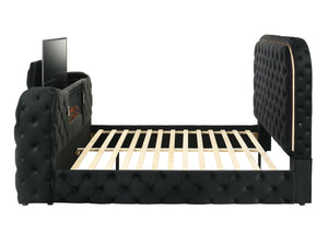 English Elm Gray Velvet Tufted Eastern King Bed with Led Headboard Fireplace and Motorized Tv Lift B2756S00006