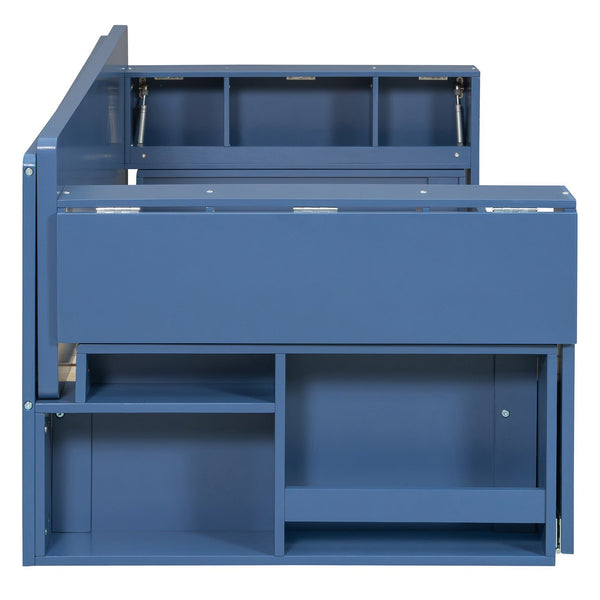 English Elm Queen Daybed with Hydraulic Desk Storage Drawers and Convertible Sofa for Small Spaces Blue LT000272AAC