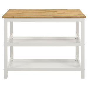 English Elm Cowichan Farmhouse Kitchen Island with Butcher Block Top Open Shelves and Pot Rack B062S01487